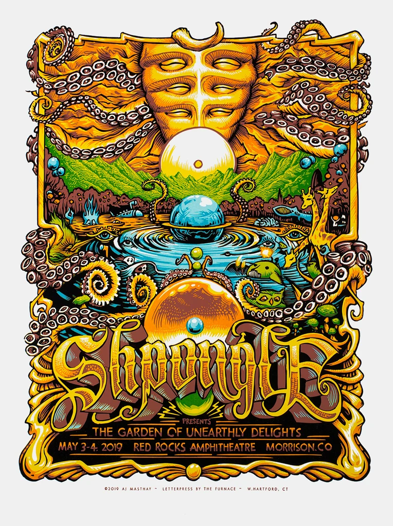 AJ Masthay's poster for Shpongle at Red Rocks 2019: the golden Shpongle mask with tentacles presiding over a surreal garden landscape, with ornate Shpongle lettering